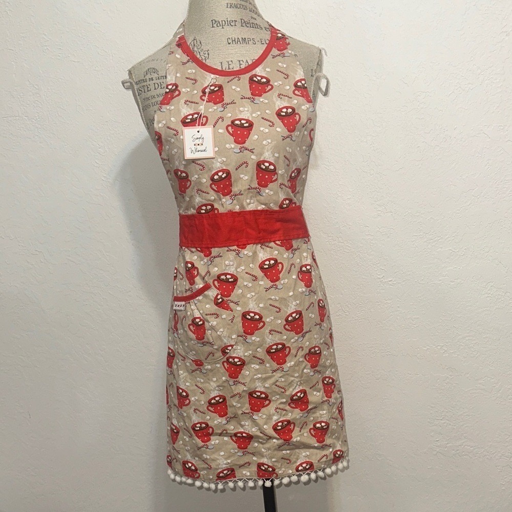 Simply Whimsical Christmas Hot Cocoa Cotton Apron Red Tan Pom Pom Trim NWT